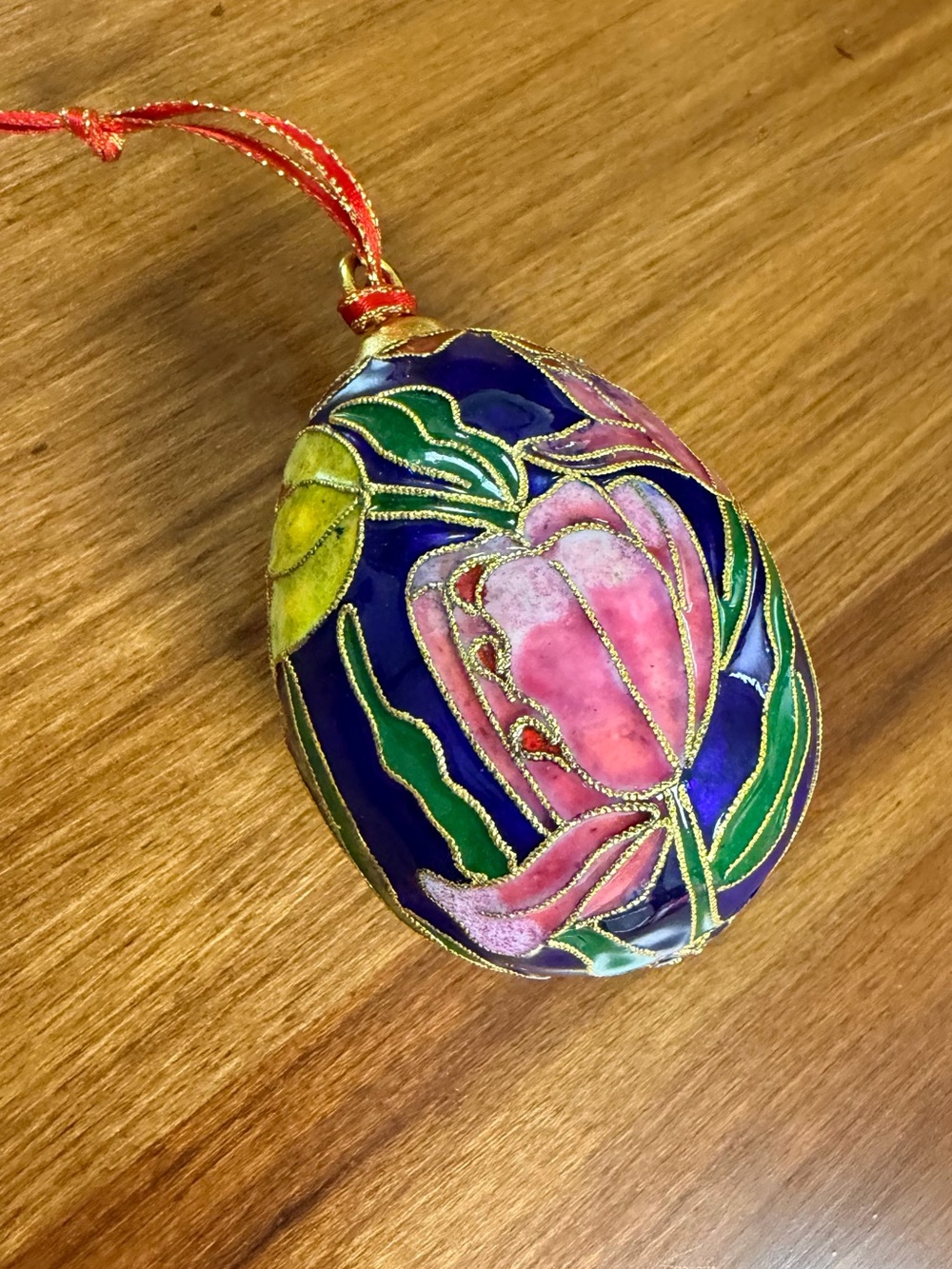 Ornate Pink & Blue Floral Cloisonné Egg Ornament